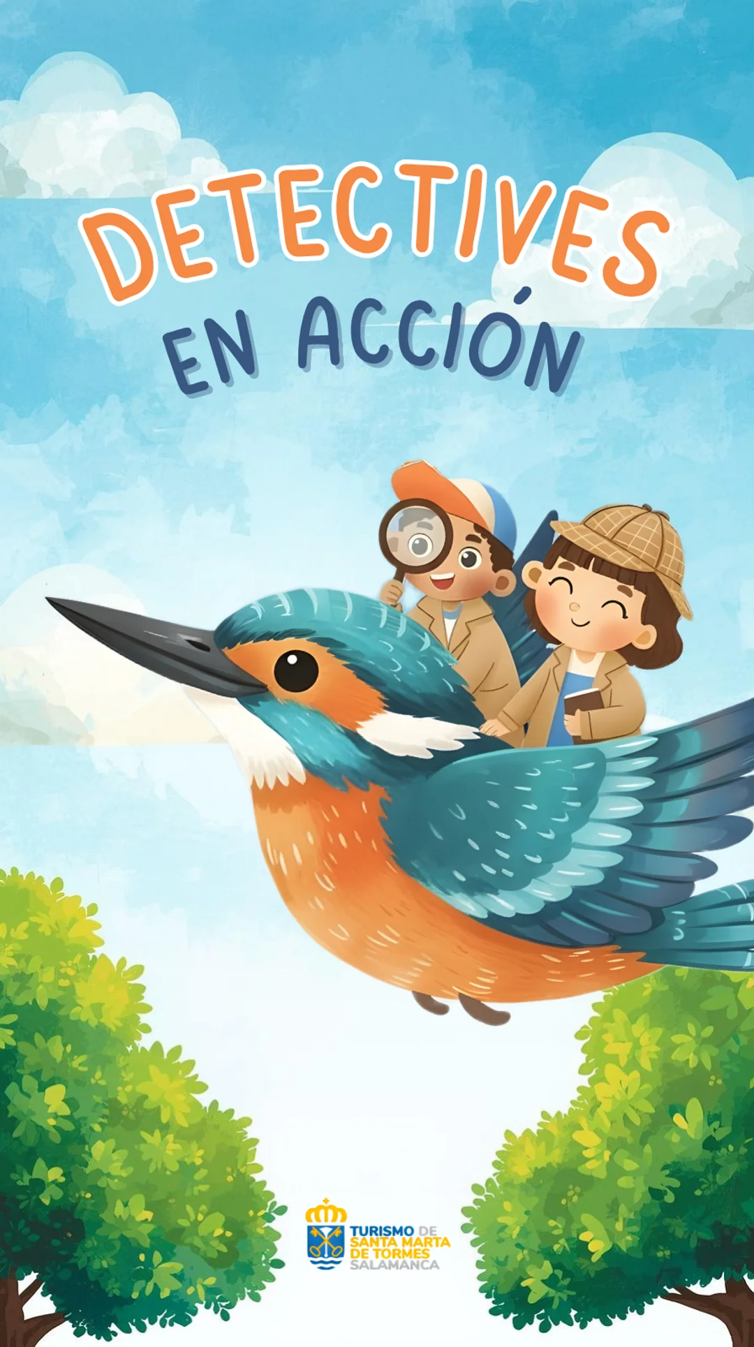 Portada de la Aventura Detectives en Acción. Aparecen una niña con sombrero típico de detective y un niño llevando una gorra y una lupa en la mano. Ambos vestidos con unas gabardinas marrones de detectives. Los dos van sobre un gigante pájaro martín pescador que los lleva volando. En el fondo, el cielo azul con nubes y las copas de unos árboles. El estilo es de dibujo animado.