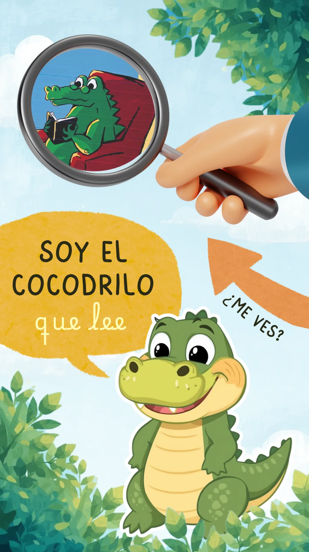 Sexto personaje que tienes que encontrar: El cocodrilo. Aparece un dibujo animado de un cocodrilo con un bocadillo que dice: Soy el cocodrilo que lee Encuéntrame. En la foto se ve un cocodrilo verde leyendo un libro sentado en un sofá. ¿Dónde está ubicado?