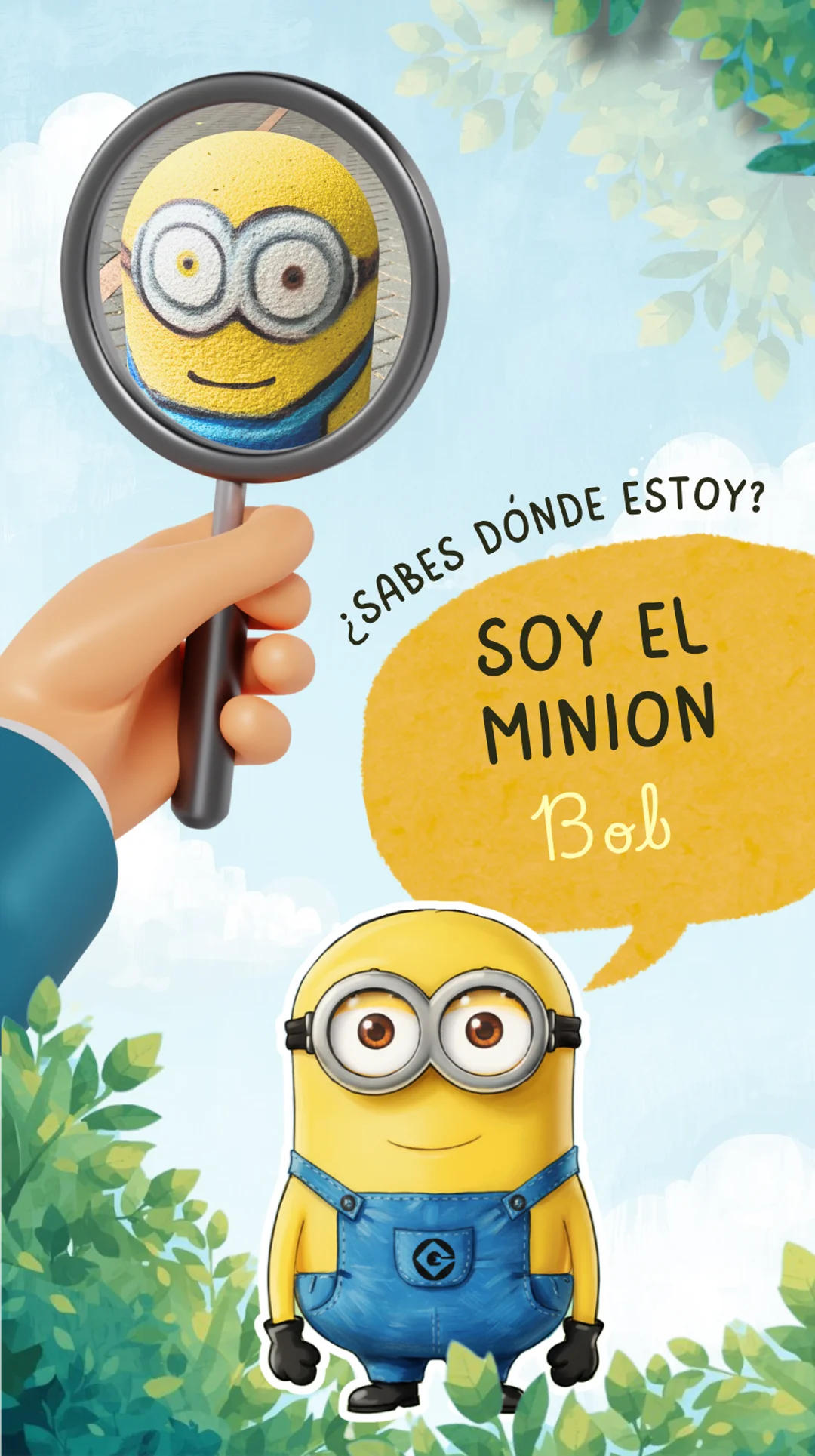 Octavo personaje que tienes que encontrar: El minion. Aparece un dibujo animado de un Minion con un bocadillo que dice: Soy el minion Bob ¿Sabes dónde estoy? En la foto se ve un minon amarillo con gafas y un peto azul. Parece que está hecho de piedra. ¿Dónde está ubicado?