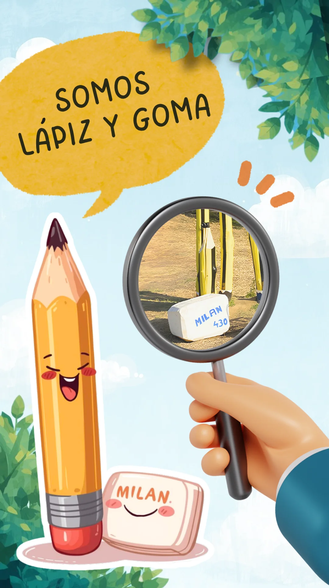 Tercer personaje que tienes que encontrar: Lápiz y goma. Aparece un dibujo animado de un lápiz y su goma con un bocadillo que dice: Somos lápiz y goma ¿Dónde estamos? En la foto se ven varios lápices de madera gigantes con rayas amarillas y negras. Al lado hay una goma blanca. Están clavados en el suelo apuntando hacia arriba ¿Dónde están ubicados?